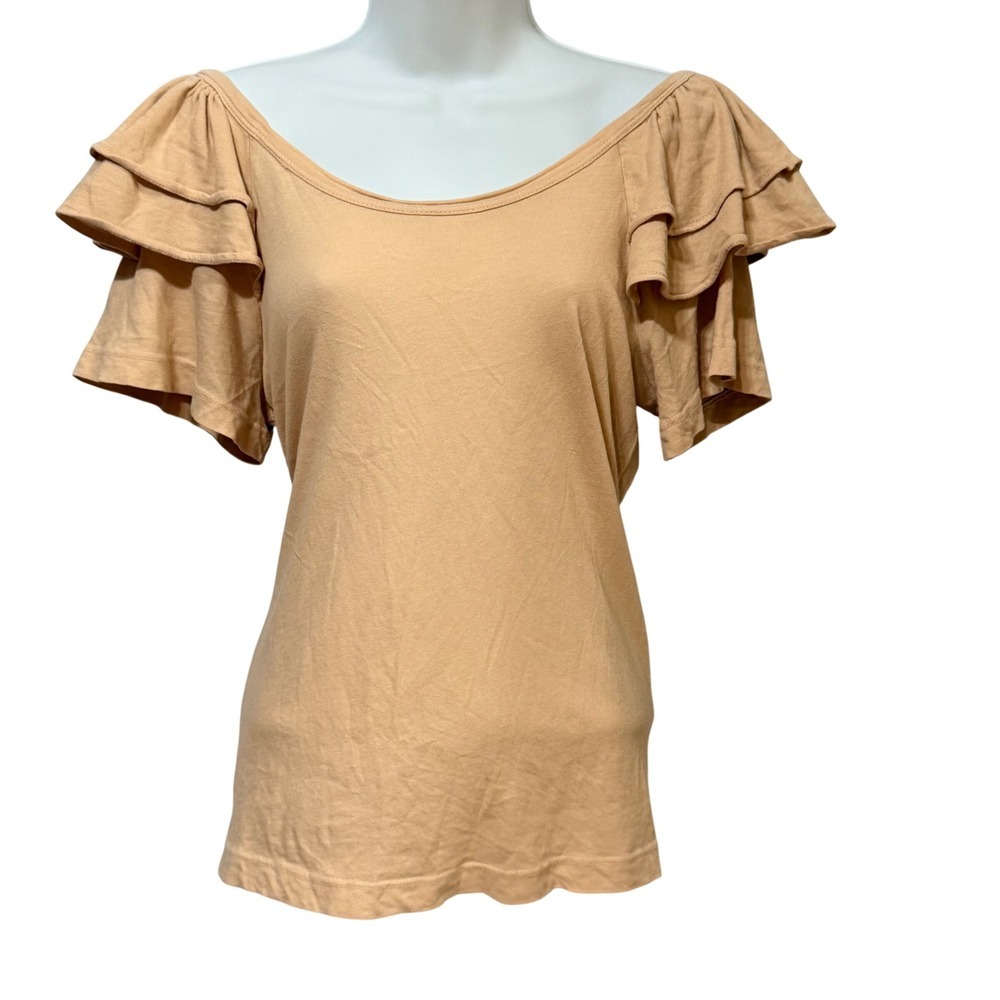 Current/Elliott Apple Blossom Ruffle Flutter Sleeve Scoop Neck Top Peach Tan 0